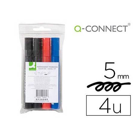 Rotulador Q-Connect permanente estuche 4 colores surtidos punta biselada trazo 5.0 mm