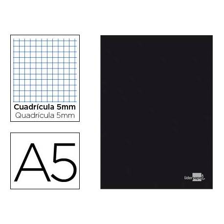 Libreta escolar Liderpapel tapa negra tamaño A5 con 80 hojas de 60g/m2 cuadro de 5mm con doble margen. Colores surtidos.