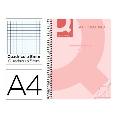 Cuaderno espiral Q-Connect Din A4 micro tapa plastico 80h 70g cuadro 5mm sin bandas 4 taladros color rosa