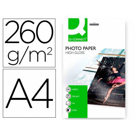 Papel Q-Connect foto glossy kf02163 Din A4 alta calidad digital photo para ink-jet. Bolsa de 20 hojas de 260 gr.