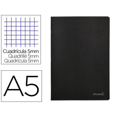 Libreta escolar Liderpapel tapa negra tamaño A5 con 80 hojas de 60g/m2 cuadro de 5mm con doble margen. Colores surtidos.