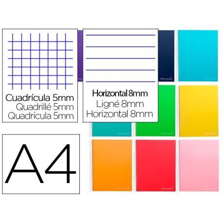 Cuaderno espiral Liderpapel Jolly 140H Tamaño DIN A4 Tapa forrada Cuadricula 5mm + Rayado Horizontal 75 g/m2 en Colores surtidos