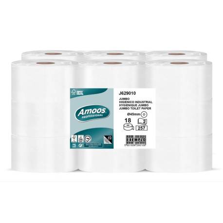 PAPEL HIGIENICO MARCA AMOOS JUMBO INDUSTRIAL 2 CAPAS 30G/M2 PAQUETE DE 18 ROLLOS