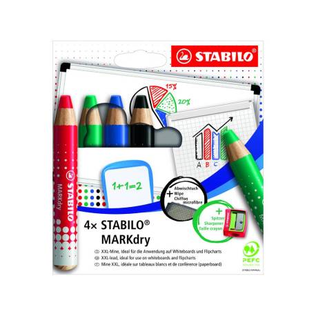 LAPIZ MARCADOR EN SECO MARCA STABILO MARKDRY PARA PIZARRA BLANCA ESTUCHE DE 4 UNIDADES COLORES SURTIDOS