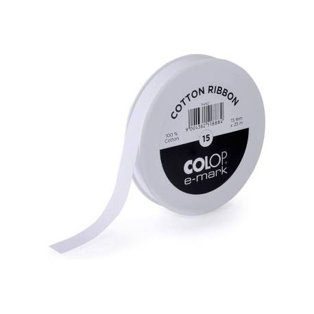 CINTA ALGODON COLOP ANCHO 15 MM PARA IMPRESORA E-MARK ROLLO DE 25 MT COLOR BLANCO