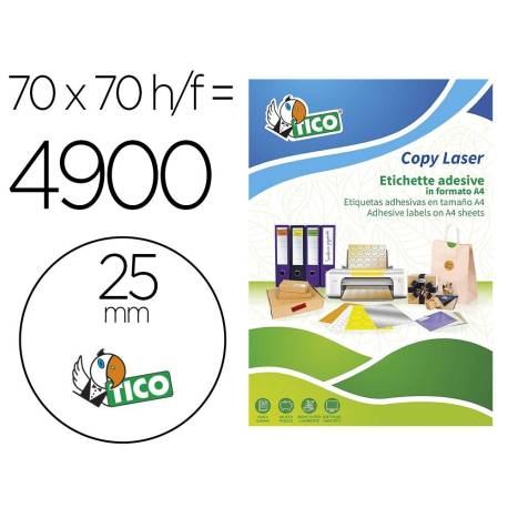 ETIQUETA ADHESIVA TICO COLOR NARANJA FLUOR PERMANENTE FSC LASER/ INKJET/FOTOCOPIA REDONDA 25 MM CAJA DE 4900 UNIDADES