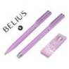 JUEGO BOLIGRAFO Y ROLLER BELIUS ENDLESS SUMMER ALUMINIO MORADO Y PLATEADO TINTA AZUL CAJA DE DISEÑO
