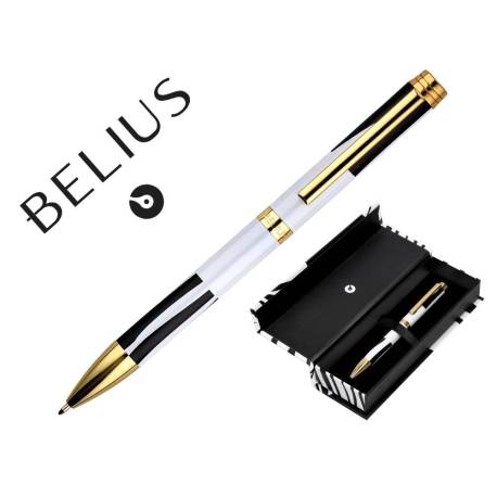 BOLIGRAFO BELIUS DUALITA CUERPO BLANCO NEGRO TINTA AZUL CAJA DE DISEÑO