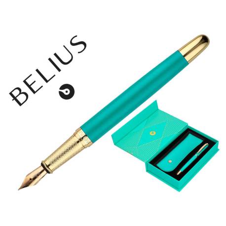 PLUMA Y ESTUCHE BELIUS SOIREE ART DECO TURQUESA DORADO TINTA AZUL CAJA DE DISEÑO