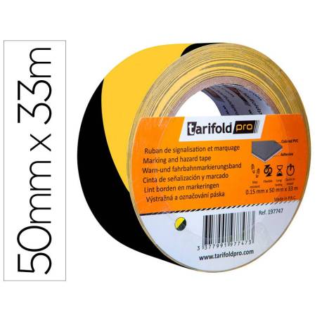 CINTA ADHESIVA MARCA TARIFOLD SEGURIDAD PARA MARCAJE Y SEÑALIZACION DE SUELO 33 MT X 50 MM COLOR NEGRO/AMARILLO