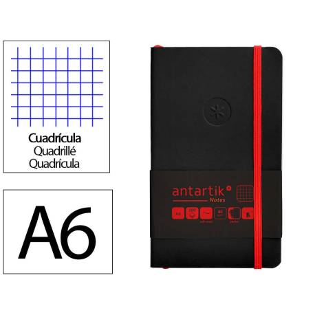 CUADERNO CON GOMILLA ANTARTIK NOTES TAPA BLANDA DIN A6 CUADRICULA NEGRO Y ROJO 100 HOJAS 80 GR FSC