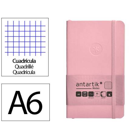 CUADERNO CON GOMILLA ANTARTIK NOTES TAPA BLANDA DIN A6 CUADRICULA ROSA PASTEL 100 HOJAS 80 GR FSC