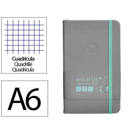 CUADERNO CON GOMILLA ANTARTIK NOTES TAPA DURA DIN A6 HOJAS CUADRICULA GRIS Y TURQUESA 100 HOJAS 80 GR FSC