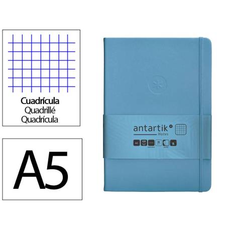 CUADERNO CON GOMILLA ANTARTIK NOTES TAPA DURA DIN A5 HOJAS CUADRICULA AZUL CLARO 100 HOJAS 80 GR FSC