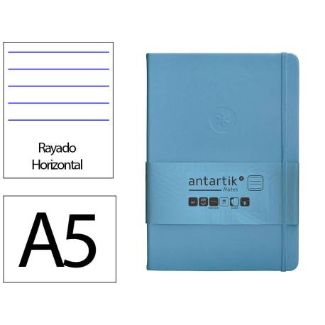 CUADERNO CON GOMILLA ANTARTIK NOTES TAPA DURA DIN A5 HOJAS RAYAS AZUL CLARO 100 HOJAS 80 GR FSC