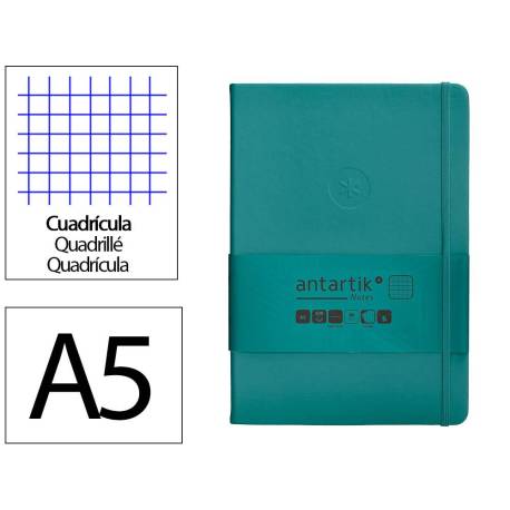 CUADERNO CON GOMILLA ANTARTIK NOTES TAPA DURA DIN A5 HOJAS CUADRICULA VERDE AGUAMARINA 100 HOJAS 80 GR