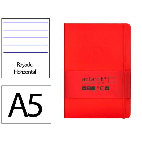 CUADERNO CON GOMILLA ANTARTIK NOTES TAPA DURA DIN A5 HOJAS RAYAS ROJO 100 HOJAS 80 GR FSC