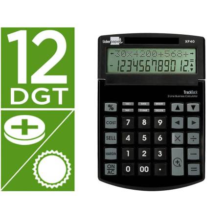 CALCULADORA LIDERPAPEL SOBREMESA XF40 12 DIGITOS DOS LINEAS SOLAR Y PILAS NEGRO 175X120X30 MM 40% PLASTICO