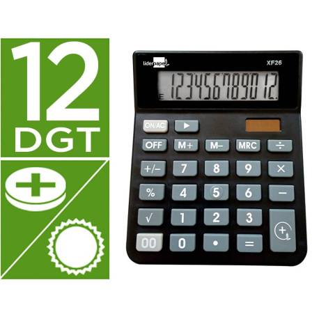 CALCULADORA LIDERPAPEL SOBREMESA XF26 12 DIGITOS SOLAR Y PILAS 127X105X24 MM NEGRO