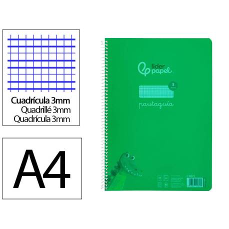 CUADERNO ESPIRAL LIDERPAPEL DIN A4 PAUTAGUIA TAPA PLASTICO 80H 90GR CUADRO PAUTADO 3MM CON MARGEN VERDE