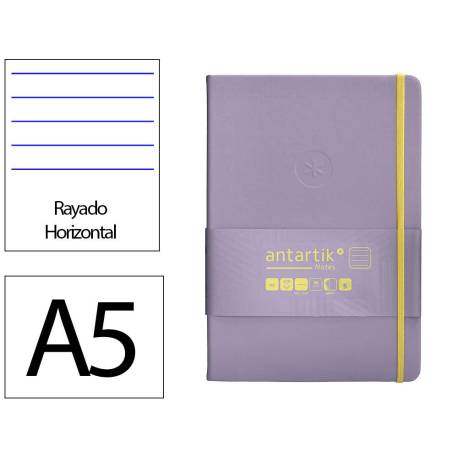 CUADERNO CON GOMILLA ANTARTIK NOTES TAPA DURA DIN A5 HOJAS RAYAS MORADO Y AMARILLO 100 HOJAS 80 GR FSC