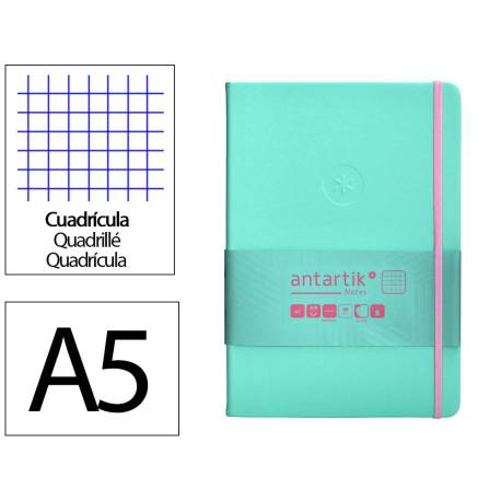 CUADERNO CON GOMILLA ANTARTIK NOTES TAPA DURA DIN A5 HOJAS CUADRICULA ROSA Y TURQUESA 100 HOJAS 80 GR FSC