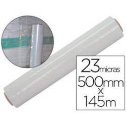 Film extensible Q-connect manual ancho 500 mm largo 145 metros espesor 23 micras transparente