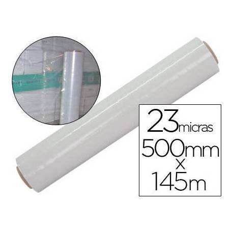 Film extensible Q-connect manual ancho 500 mm largo 145 metros espesor 23 micras transparente