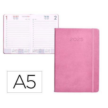 AGENDA ENCUADERNADA LIDERPAPEL MYKONOS DIN A5 2025 DÍA PÁGINA COLOR ROSA PAPEL 70 GR