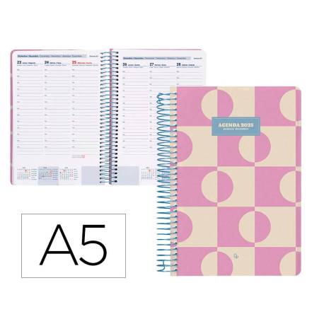 AGENDA ESPIRAL LIDERPAPEL CLAS SIC DIN A5 2025 SEMANA VISTA COLOR ROSA PAPEL 70 GR