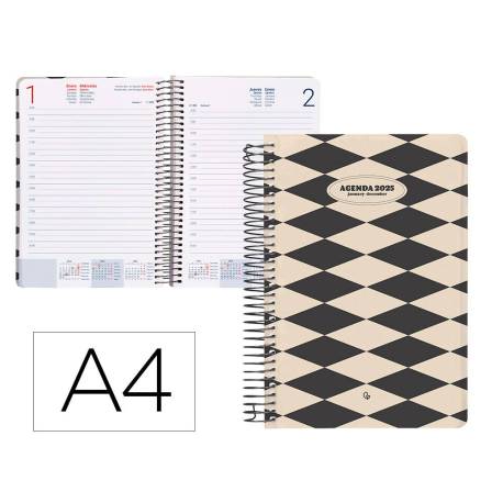 AGENDA ESPIRAL LIDERPAPEL CLASSIC A4 2025 DIA PAGINA COLOR BLANCO Y NEGRO 1 PAPEL 70 GR