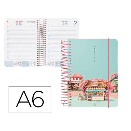 AGENDA ESPIRAL LIDERPAPEL SANTORINI DIN A6 2025 DIA PAGINA CHERRY BLOSSOMS PAPEL 60 GR