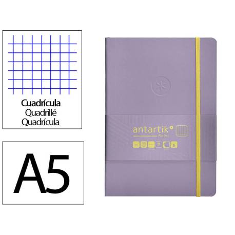 CUADERNO CON GOMILLA ANTARTIK NOTES TAPA BLANDA DIN A5 HOJAS CUADRICULA MORADO Y AMARILLO 80 HOJAS 80 GR FSC