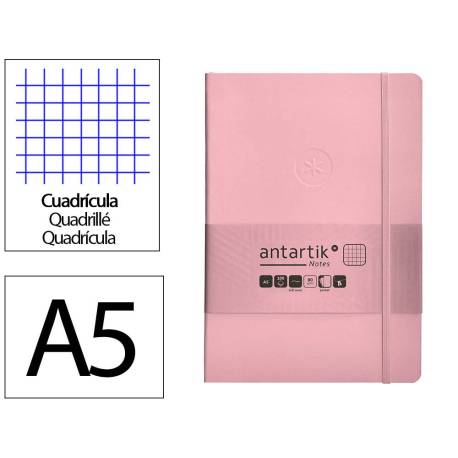 CUADERNO CON GOMILLA ANTARTIK NOTES TAPA BLANDA A5 HOJAS CUADRICULA ROSA PASTEL 80 HOJAS 80 GR FSC