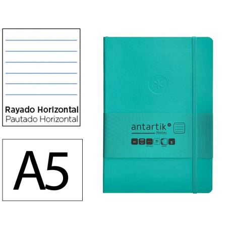 CUADERNO CON GOMILLA ANTARTIK NOTES TAPA BLANDA DIN A5 HOJAS RAYAS TURQUESA 80 HOJAS 80 GR FSC