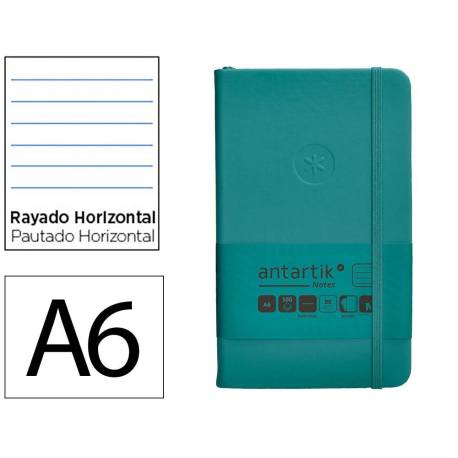 CUADERNO CON GOMILLA ANTARTIK NOTES TAPA DURA DIN A6 HOJAS RAYAS VERDE AGUAMARINA 100 HOJAS 80 GR FSC