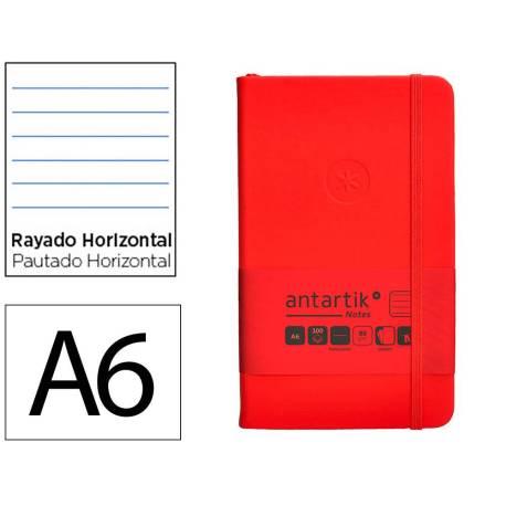 CUADERNO CON GOMILLA ANTARTIK NOTES TAPA DURA DIN A6 HOJAS RAYAS ROJO 100 HOJAS 80 GR FSC