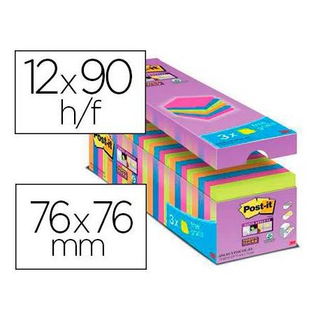 BLOC DE NOTAS ADHESIVA QUITA Y PON POST-IT SUPER STICKY 76X76 MM 90 HOJAS COLORES SURTIDOS PACK DE 21 + 3