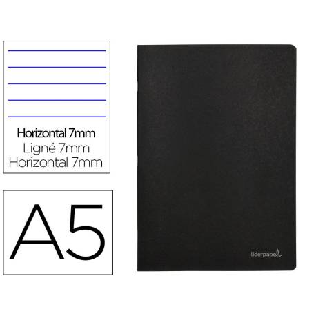 Libreta escolar Liderpapel tapa negra tamaño A5 con 80 hojas de 60g/m2. Rayado horizontal con doble margen.