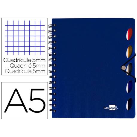 Cuaderno espiral liderpapel a5 micro executive tapa plastico 100h 80 gr cuadro 5mm 5 se paradores con gomilla color azul