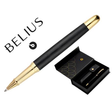 BOLIGRAFO Y ESTUCHE BELIUS PASSION DOR ALUMINIO TEXTURA CEPILLADA NEGRO Y DORADO TINTA AZUL CAJA DISEÑO