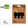 ROTULADOR MARCA LIDERPAPEL ECOUSE FLUORESCENTE FABRICADO CON 68% PLASTICO RECICLADO CAJA DE 4 UNIDADES COLORES SURTIDOS