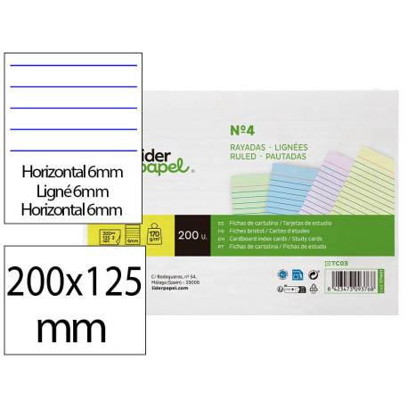 TARJETA MARCA LIDERPAPEL PARA ESTUDIAR RAYADA CARTULINA DE COLORES 170 GR/M2 125X200MM PAQUETE DE 200 UNIDADES