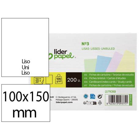 TARJETA MARCA LIDERPAPEL PARA ESTUDIAR LISA CARTULINA DE COLORES 170 GR/M2 100X150MM PAQUETE DE 200 UNIDADES