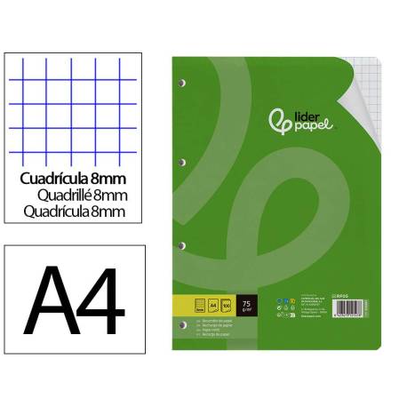 RECAMBIO MARCA LIDERPAPEL DIN A4 100 HOJAS 75 GR CUADRO 8 MM CON MARGEN 4 TALADROS