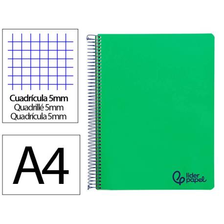 CUADERNO ESPIRAL MARCA LIDERPAPEL A4 MICRO WONDER TAPA PLASTICO 120H 90GR CUADRO 5MM 5 BANDAS 4 TALADROS COLOR VERDE OSCURO