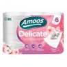 PAPEL HIGIENICO MARCA AMOOS DELICATE 3 CAPAS COLOR BLANCO PAQUETE DE 6 ROLLOS 20 M