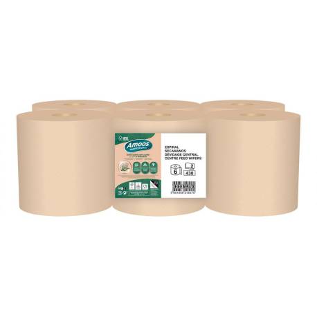 PAPEL SECAMANOS MARCA AMOOS NATURALLY SOFT 2 CAPAS PASTA CRUDA PAQUETE DE 6 ROLLOS 125 M