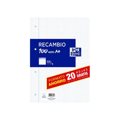RECAMBIO MARCA OXFORD DIN A4 80+20 HOJAS GRATIS 90 GR CUADRO 4 MM 4 TALADROS