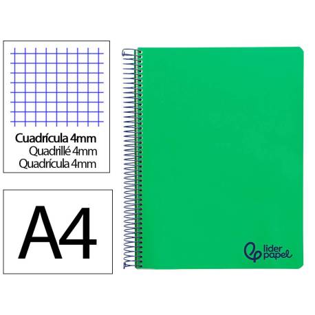 CUADERNO ESPIRAL MARCA LIDERPAPEL A4 WONDER TAPA PLASTICO 80H 90GR CUADRO 4MM CON MARGEN COLOR VERDE OSCURO